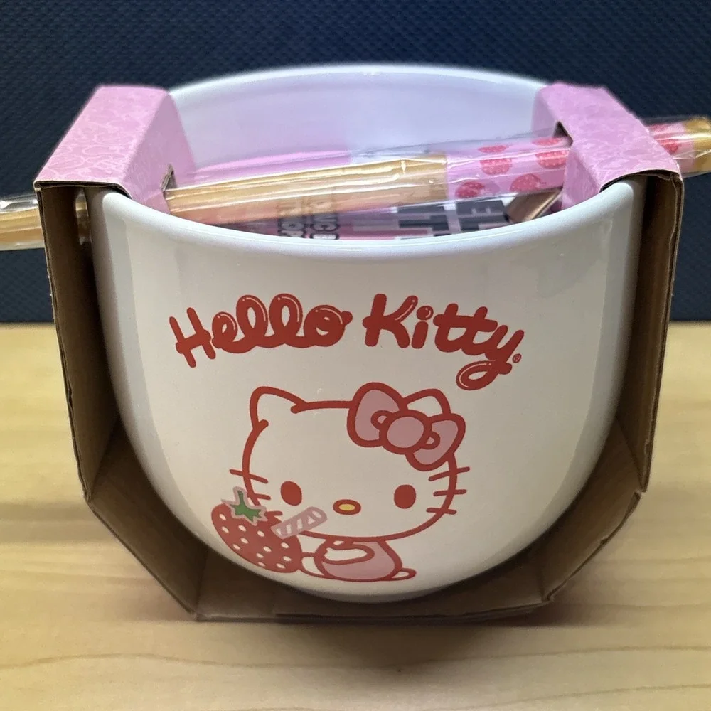 Sanrio HELLO KITTY 16 oz CERAMIC BOWL W/ CHOPSTICKS - New